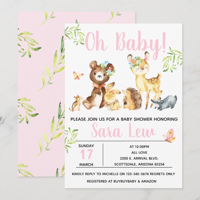 Girl's Forest Watercolor Baby Shower Invitation (Front/Back)