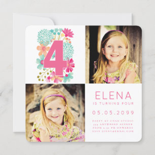 Girls FOUR 4th Birthday Number 4 Invitation