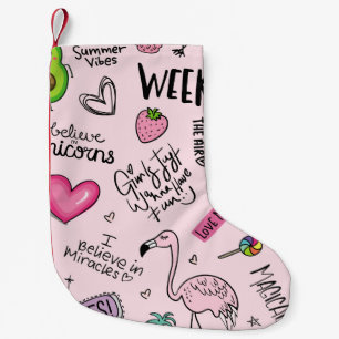 Girls fun concept with unicorn, flamingo, cactus,  small christmas stocking