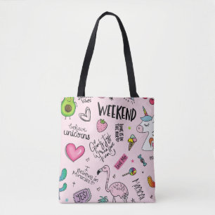 Girls fun concept with unicorn, flamingo, cactus, tote bag