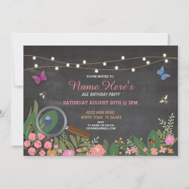 Girl's Garden Bug Hunt Butterfly Birthday Invite (Front)