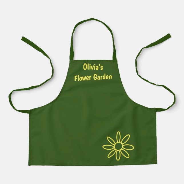 Girl's gardening apron, green, cute, her name apron (Front)