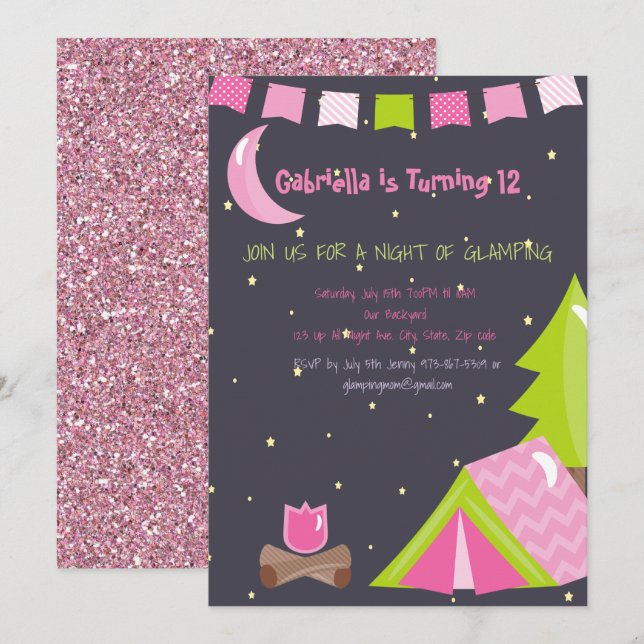 Girls Glamping/Camping Out Birthday Party Invitation (Front/Back)