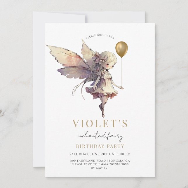 Girl's Gold Fairy Birthday Party Invitation (Front)