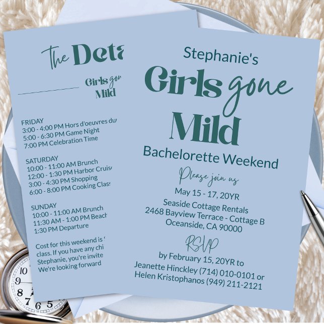 Girls Gone Mild Teal Bachelorette Beach Weekend Invitation (Customizable Girls Gone Mild Modern Teal Blue Bachelorette Spa Weekend Itinerary Invitation)