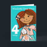 Girls great Niece 4th birthday card girlie aqua<br><div class="desc">This card says: Wonderful great niece 4 today. Inside: Happy Birthday. Or customise with your own words. Fun card dark hair girl cuddling her white bunny illustrated and designed by Sarah Trett.</div>