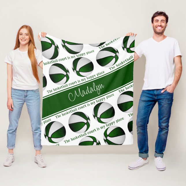 girls green white basketball court my happy place fleece blanket (In Situ)