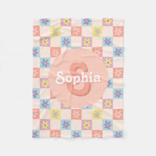 Girls Groovy Pink Retro 70s Kids Monogram Fleece Blanket