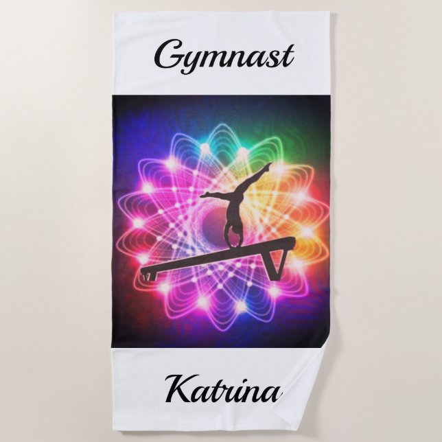 Girls Gymnastics Balance Beam Personalized Beach Towel (Front)