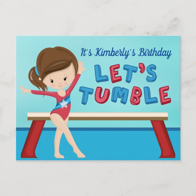 Girls Gymnastics Birthday Party Let's Tumble Postcard (Front)
