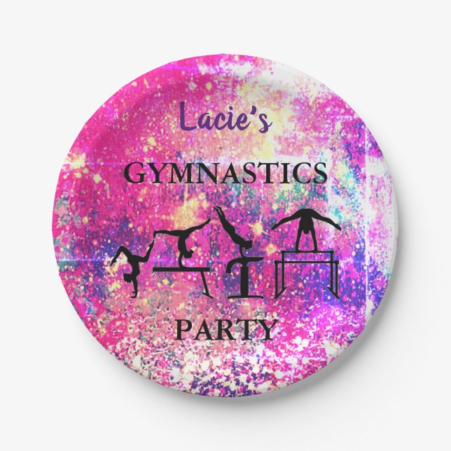 Girls Gymnastics Birthday Sparkle Custom Name Paper Plate (Front)
