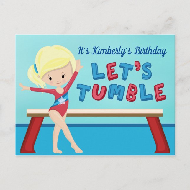 Girls Gymnastics Blonde Tumbling Birthday Party Postcard (Front)