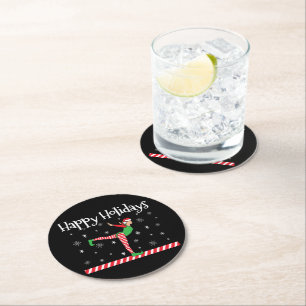 Girls Gymnastics Christmas Elf Round Paper Coaster