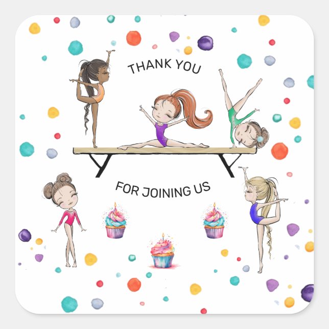 Girls Gymnastics Cupcake Birthday Party Favour  Square Sticker (Front)
