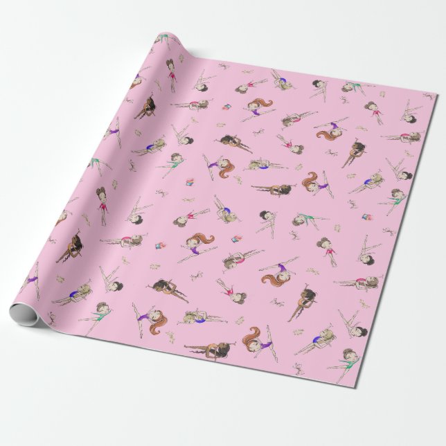 Girls Gymnastics Pink Purple Rainbow Pattern  Wrap Wrapping Paper (Unrolled)