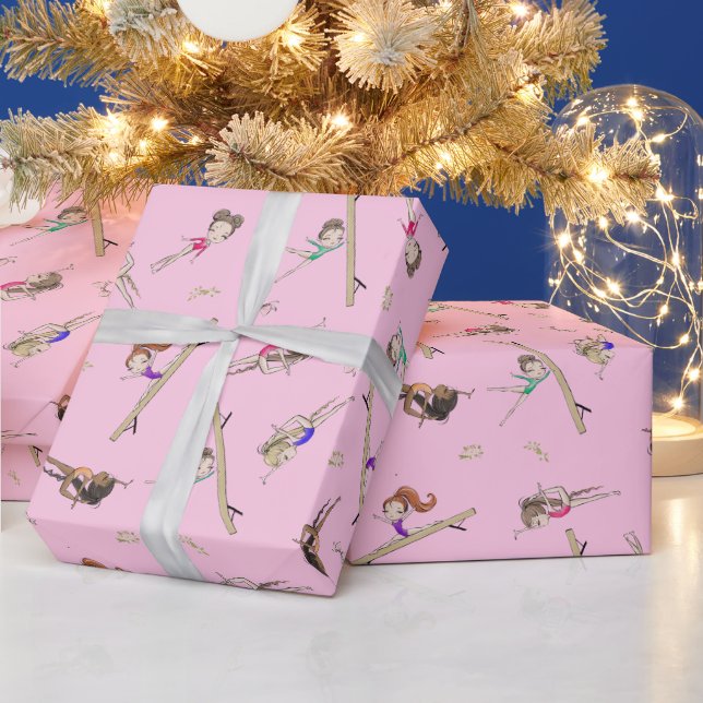 Girls Gymnastics Pink Purple Rainbow Pattern  Wrap Wrapping Paper (Holidays)