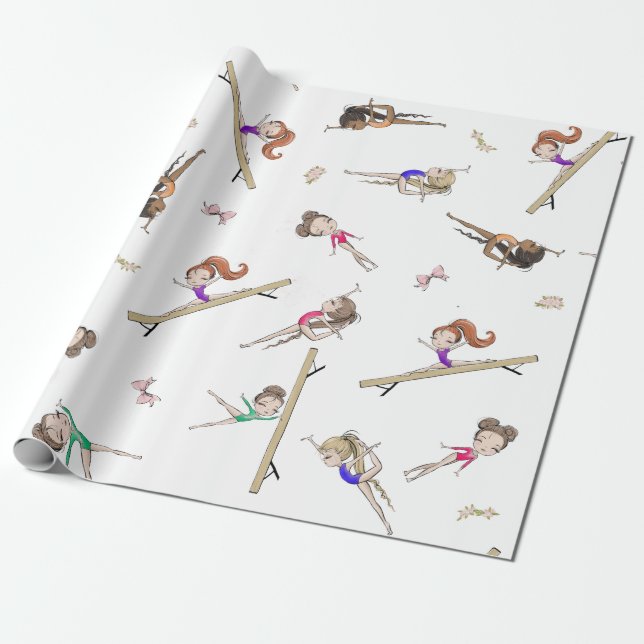 Girls Gymnastics Pink Purple Rainbow Pattern  Wrapping Paper (Unrolled)