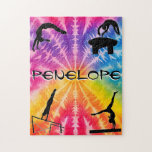 Girls Gymnastics Rainbow Tie-Dye Jigsaw Puzzle<br><div class="desc">Girls Gymnastics Events design is Personalized with her name. All 4 events are displayed on this beautiful gymnastics gift for girls! Vault,  Uneven Bars,  Balance Beam and Floor! Your gymnast is sure to treasure this gymnastics present forever!</div>