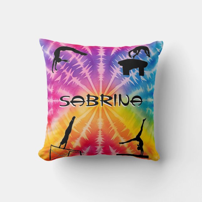 Girls Gymnastics Rainbow Tie-Dye Throw Pillow (Front)