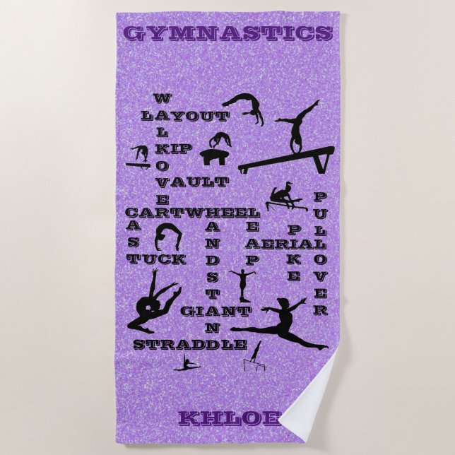 Girls Gymnastics Skills Crosswords Beach Towel (Front)