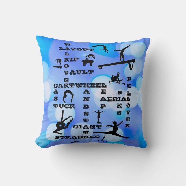 Girls Gymnastics Skills Crosswords Blue   Throw Pillow (Front)