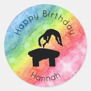 Girls Gymnastics Vault "Happy Birthday" Rainbow Classic Round Sticker