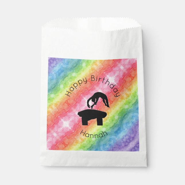 Girls Gymnastics Vault "Happy Birthday" Rainbow Favour Bag (Front)