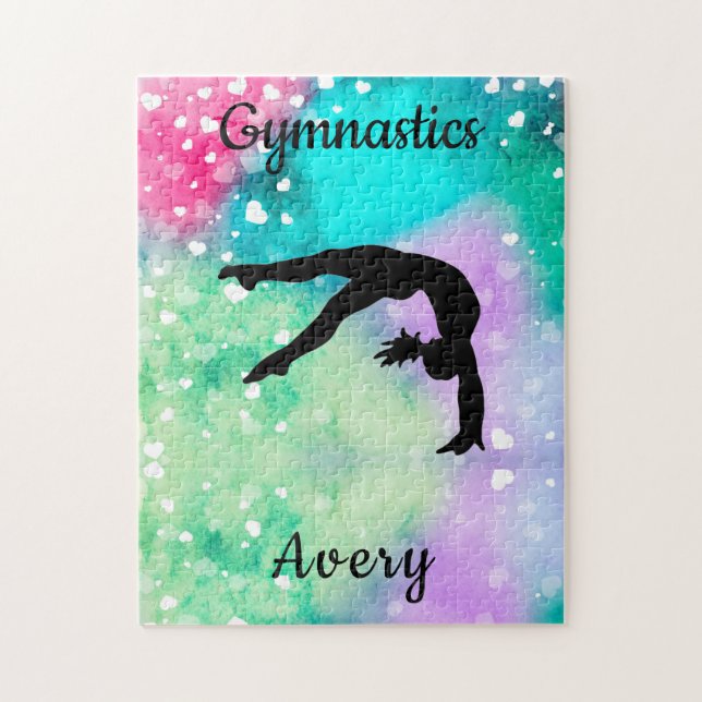 Girls Gymnastics Watercolor with Floating Hearts   Jigsaw Puzzle (Vertical)
