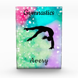Girls Gymnastics Watercolor with Floating Hearts Photo Block