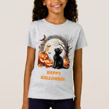 Girls Halloween Black Cat Grey Crewneck T-Shirt