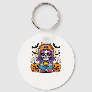 Girls Halloween Skeleton Gamer Video Gaming Girl T Keychain