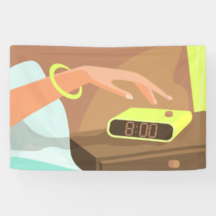 Girls hand pushing on alarm clock snooze button banner