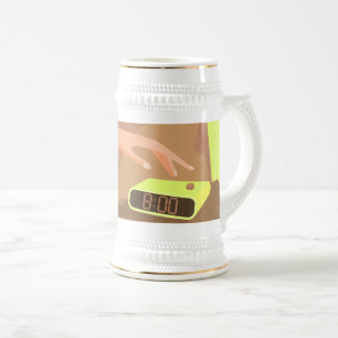 Girls hand pushing on alarm clock snooze button beer stein