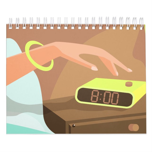 Girls hand pushing on alarm clock snooze button calendar (Cover)