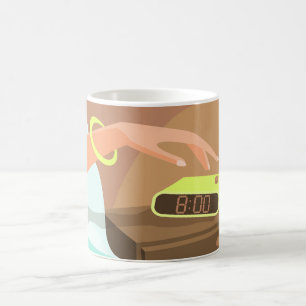Girls hand pushing on alarm clock snooze button coffee mug