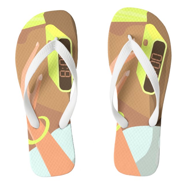 Girls hand pushing on alarm clock snooze button flip flops (Footbed)
