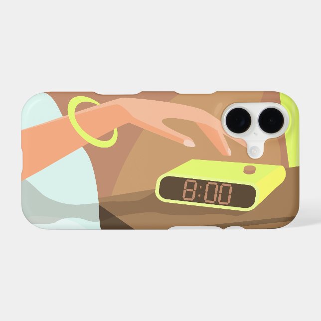 Girls hand pushing on alarm clock snooze button iPhone case (Back Horizontal)
