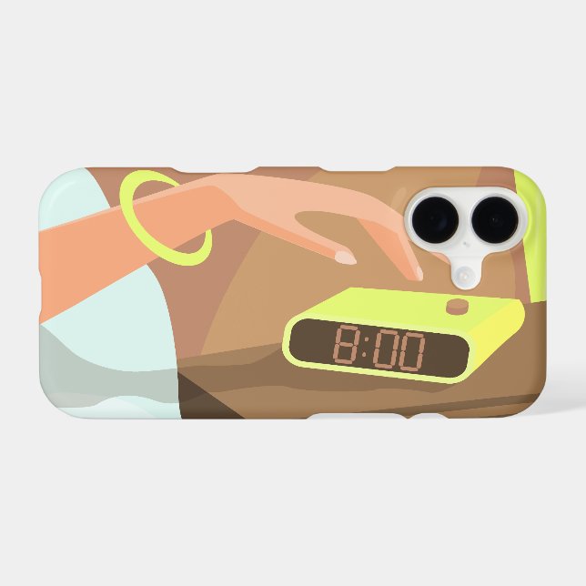 Girls hand pushing on alarm clock snooze button iPhone case (Back Horizontal)