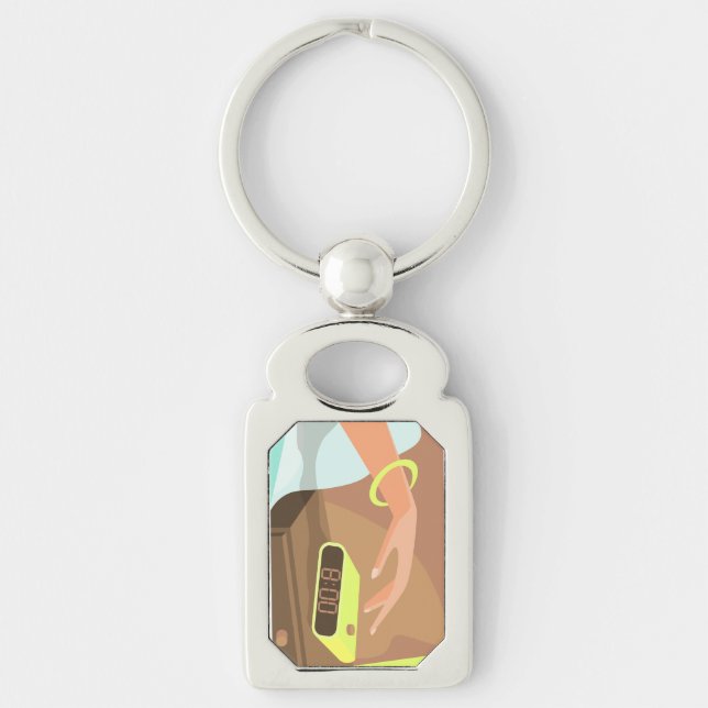 Girls hand pushing on alarm clock snooze button keychain (Front)