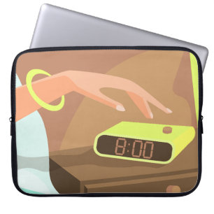 Girls hand pushing on alarm clock snooze button laptop sleeve