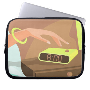 Girls hand pushing on alarm clock snooze button laptop sleeve