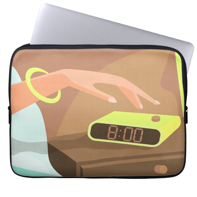 Girls hand pushing on alarm clock snooze button laptop sleeve (Front)