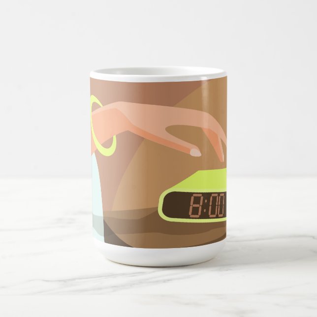 Girls hand pushing on alarm clock snooze button magic mug (Center)