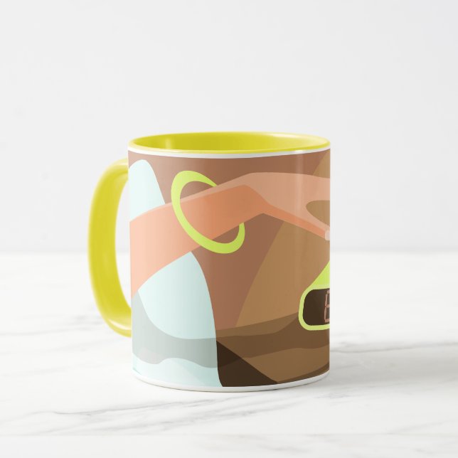 Girls hand pushing on alarm clock snooze button mug (Front Left)