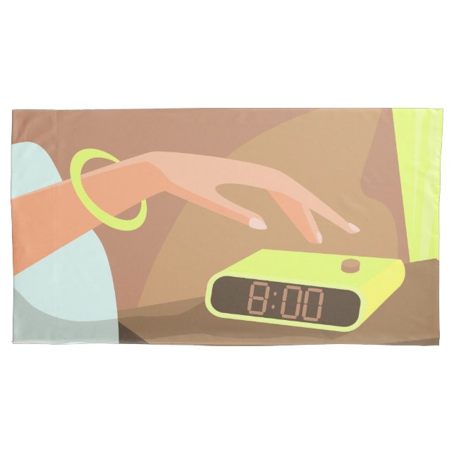 Girls hand pushing on alarm clock snooze button pillowcase (Front-Left)