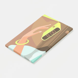 Girls hand pushing on alarm clock snooze button post-it notes