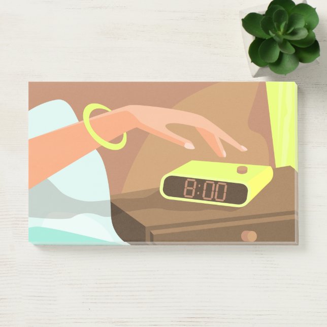 Girls hand pushing on alarm clock snooze button post-it notes (Office)