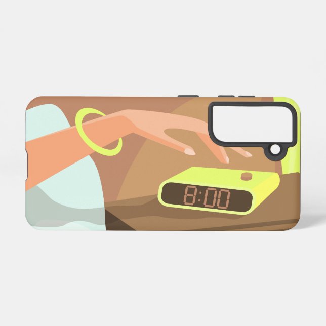 Girls hand pushing on alarm clock snooze button samsung galaxy s21 case (Back Horizontal)
