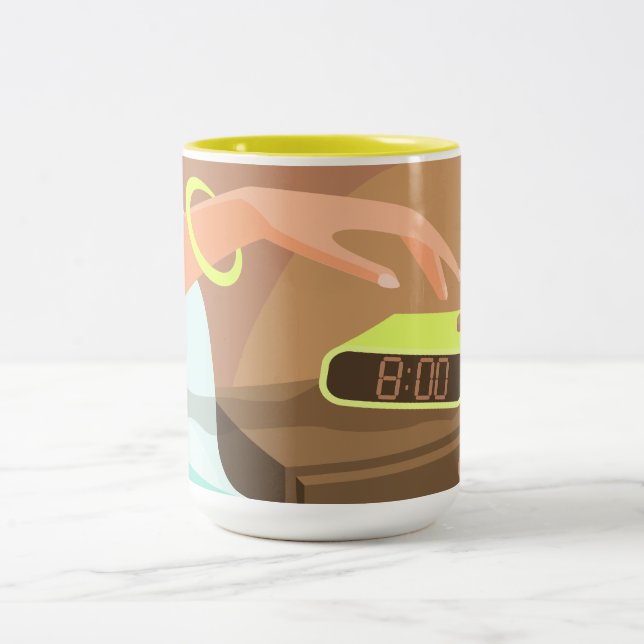 Girls hand pushing on alarm clock snooze button Two-Tone coffee mug (Center)