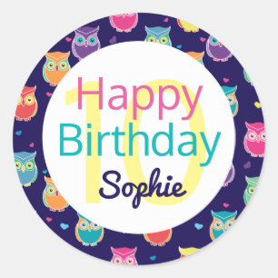 Girls Happy Birthday Blue Owl Pattern Personalized Classic Round Sticker